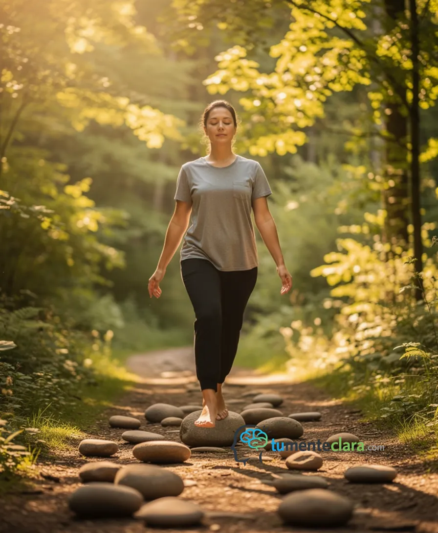 A person calmly stepping over scattered stones on a peaceful path.