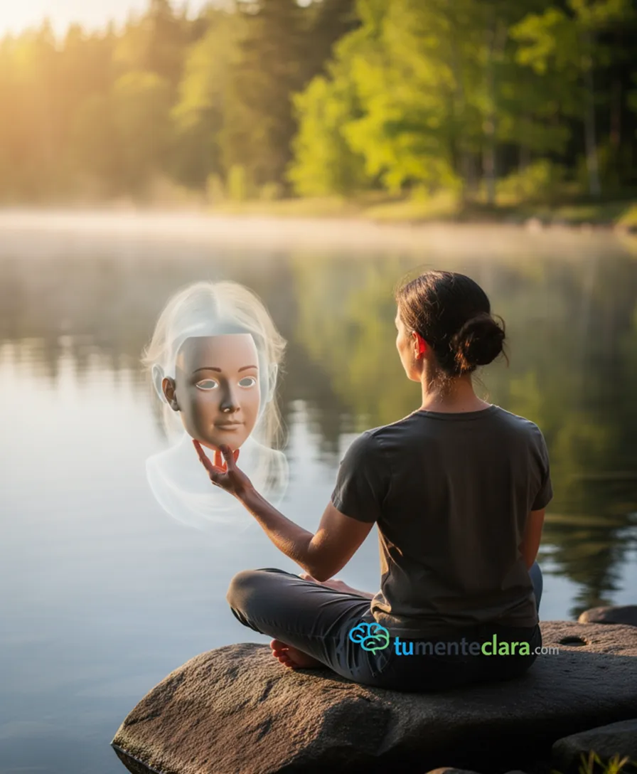 a person holding a mask while facing their transparent reflection.