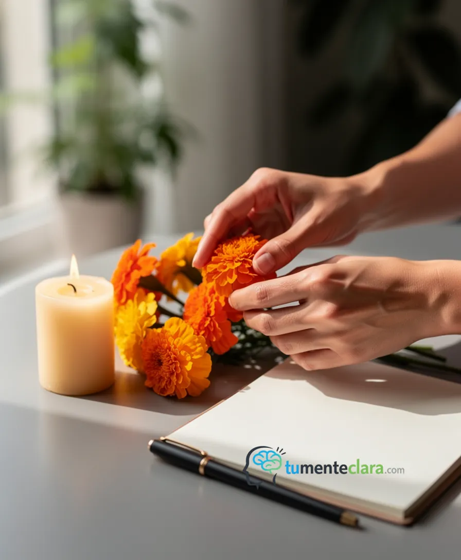 hands arranging marigolds beside a lit candle and a smartphone.