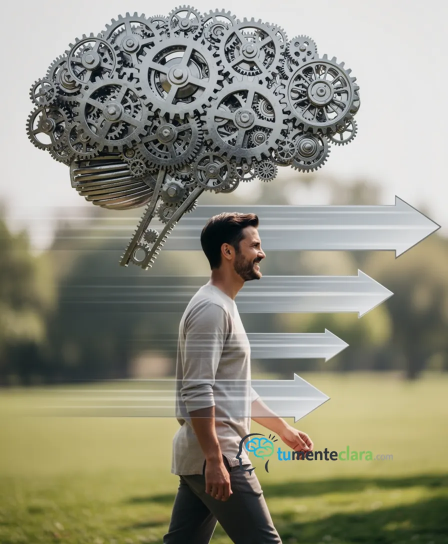interlocking gears forming a brain, with arrows pushing a person forward.