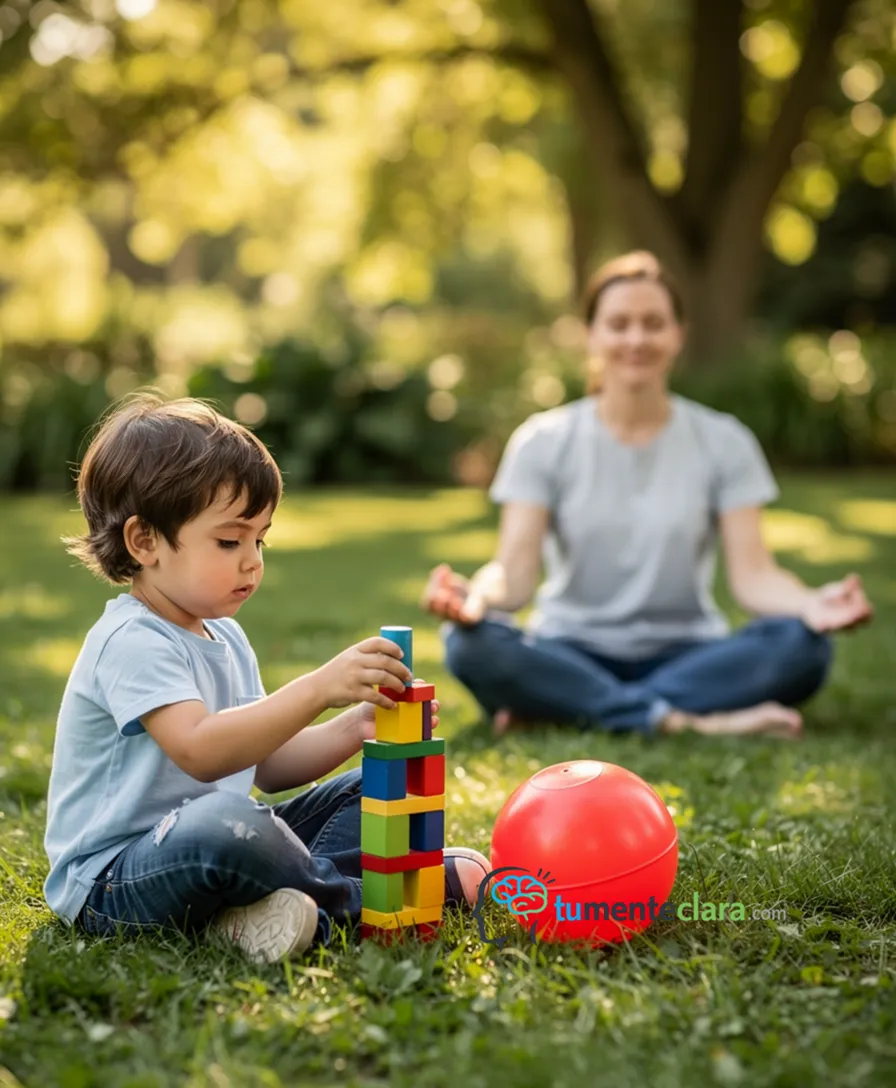 a child stacking colorful blocks next to a ball.