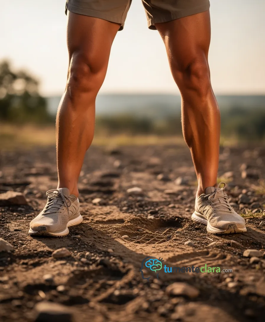 A person's strong legs standing firmly on textured ground.