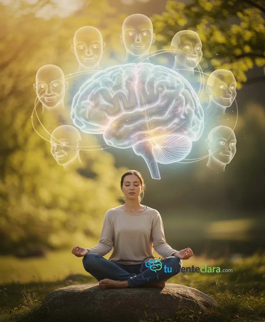 A human brain with glowing connections, surrounded by abstract, friendly faces.