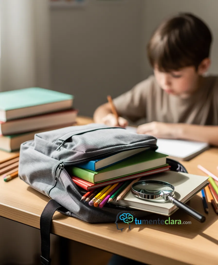 A child's open backpack with books, pencils, and a magnifying glass inside.