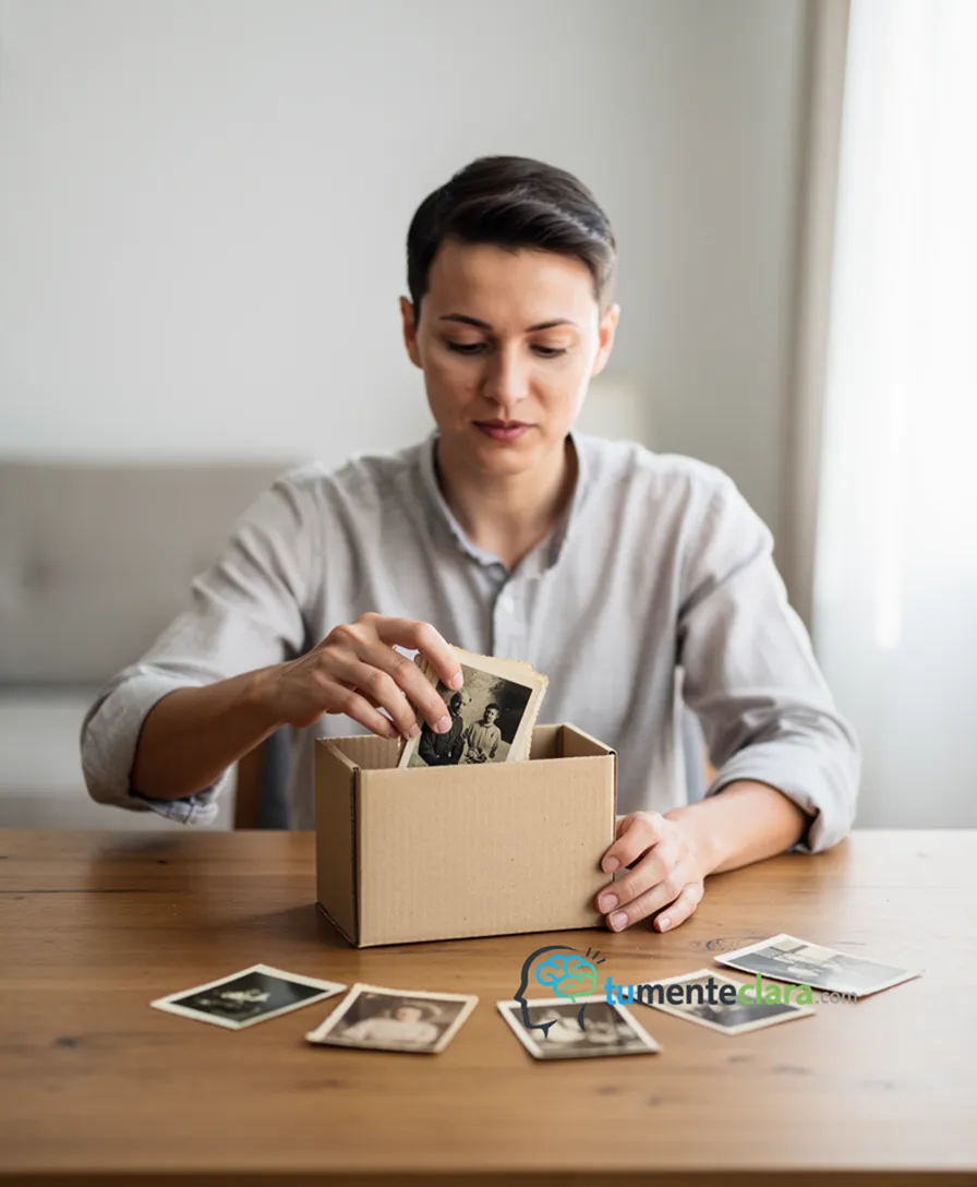 a person gently placing old photos into a box, looking forward.