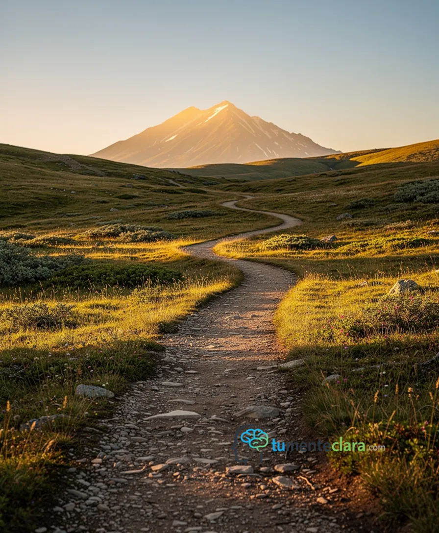 a winding path through a landscape, leading towards a distant, sunlit peak.