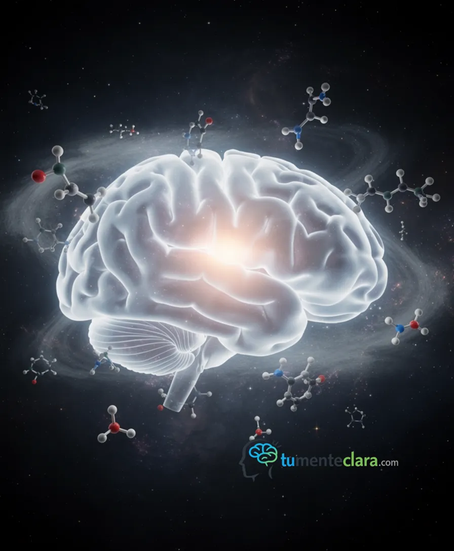 a glowing brain emerging from swirling cosmic dust and simple organic molecules.