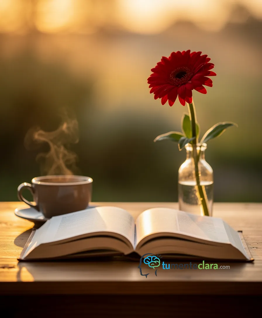an open book beside a cup of coffee and a single blooming red flower.