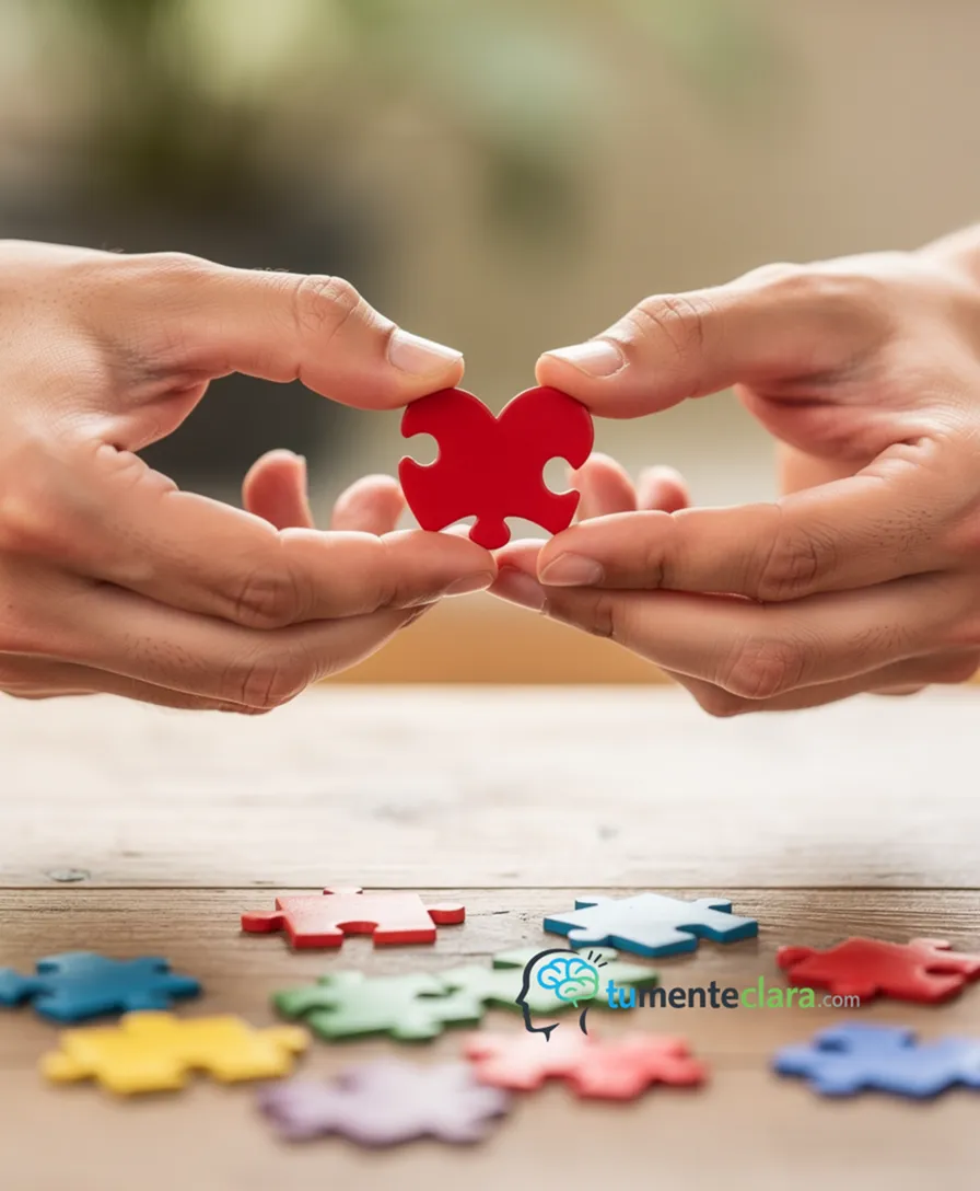 Two hands holding a heart-shaped puzzle piece, with mismatched pieces scattered nearby.