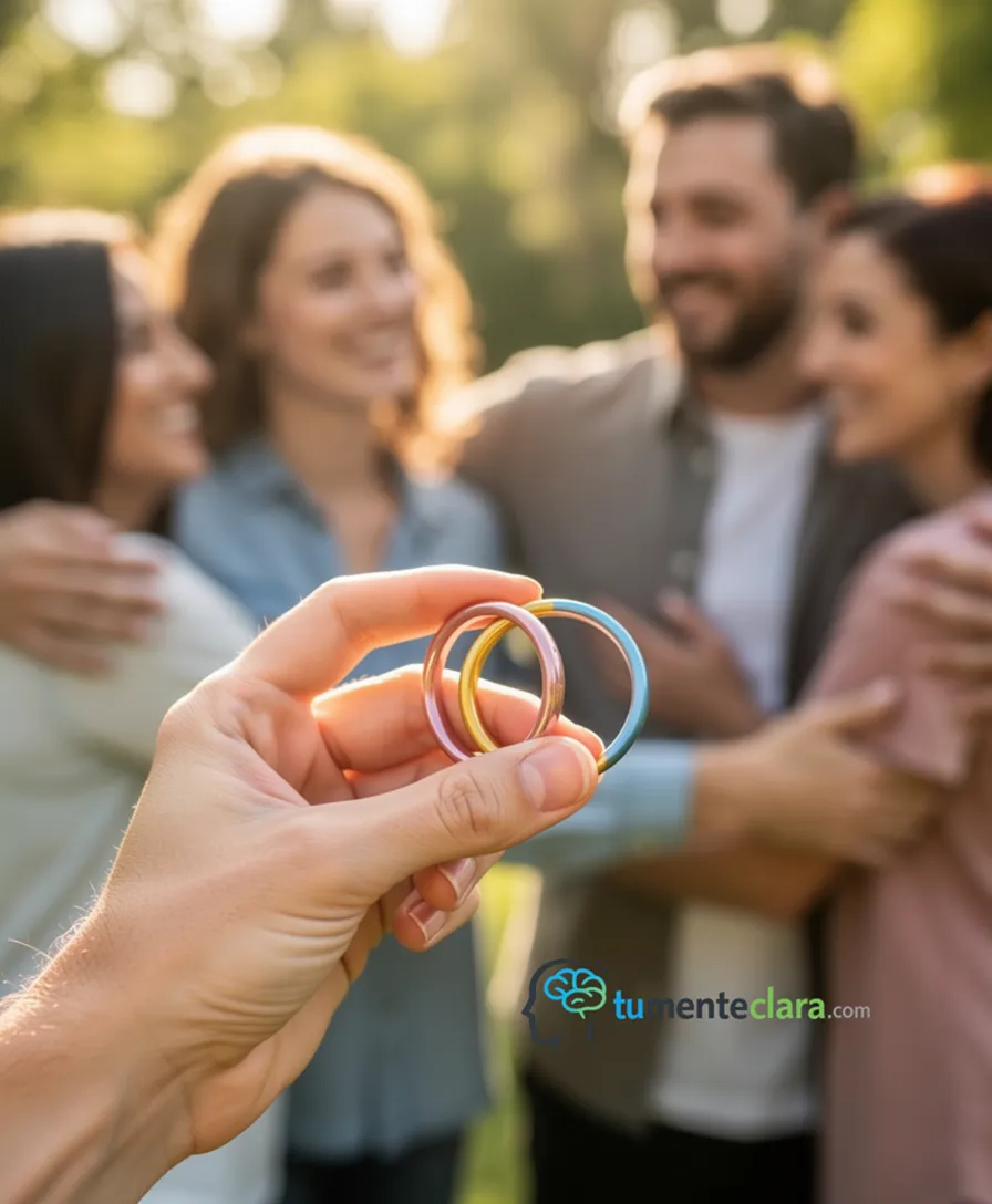 a hand holding three interlocking rings colored pink, yellow, and blue.