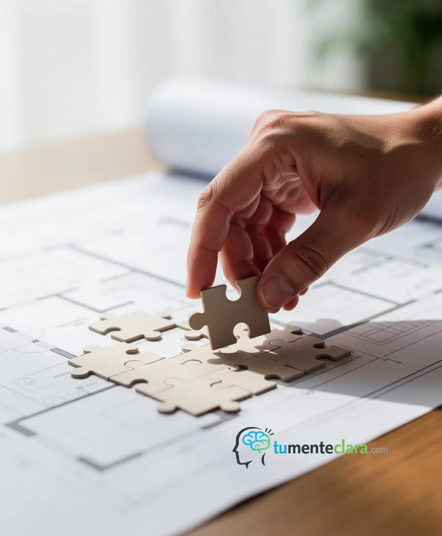 a hand placing puzzle pieces onto a structured blueprint.