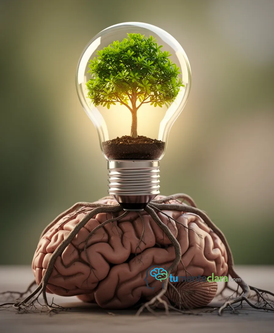 a glowing lightbulb with a tree growing from it, roots spreading across a brain.