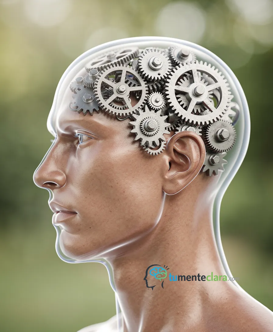 a transparent human head with interlocking gears inside.