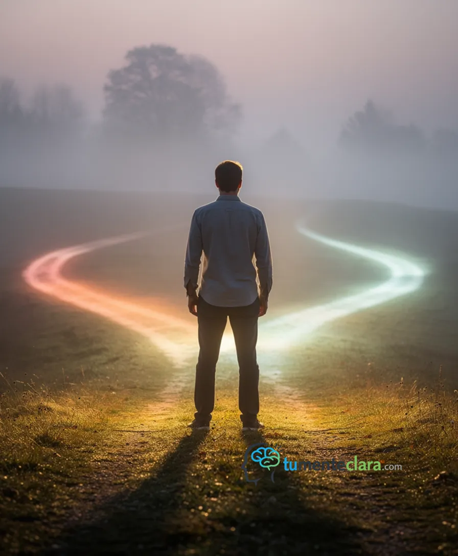 A person at a crossroads, three glowing paths branching into fog.