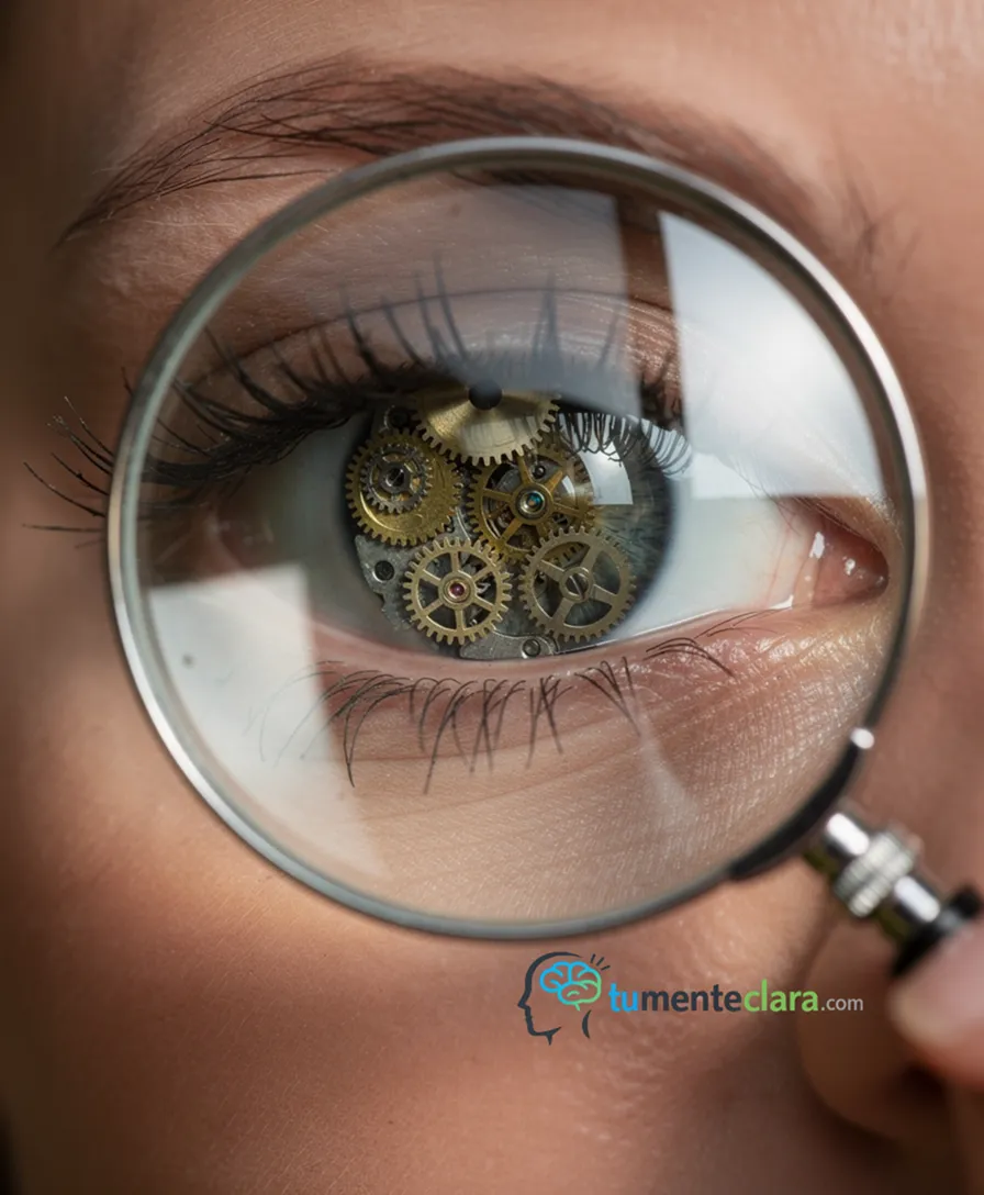 A magnifying glass revealing layered gears within a human eye.