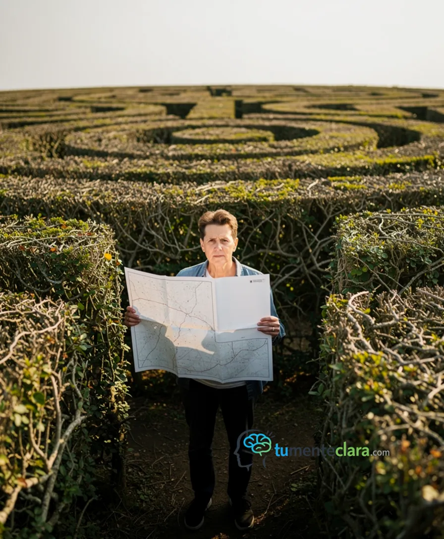 A person holding a simple map, emerging from a tangled, three-dimensional maze.