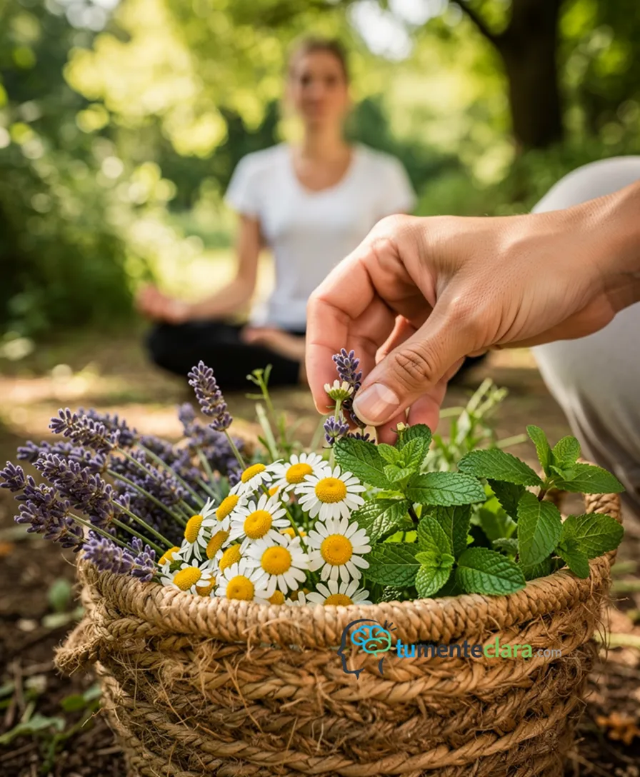 A person's hands carefully placing fresh medicinal herbs into a woven basket.