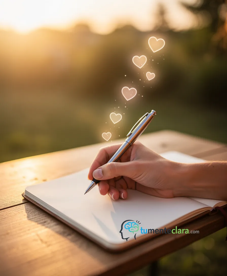 A hand writing a poem in a notebook, hearts floating from the pen.