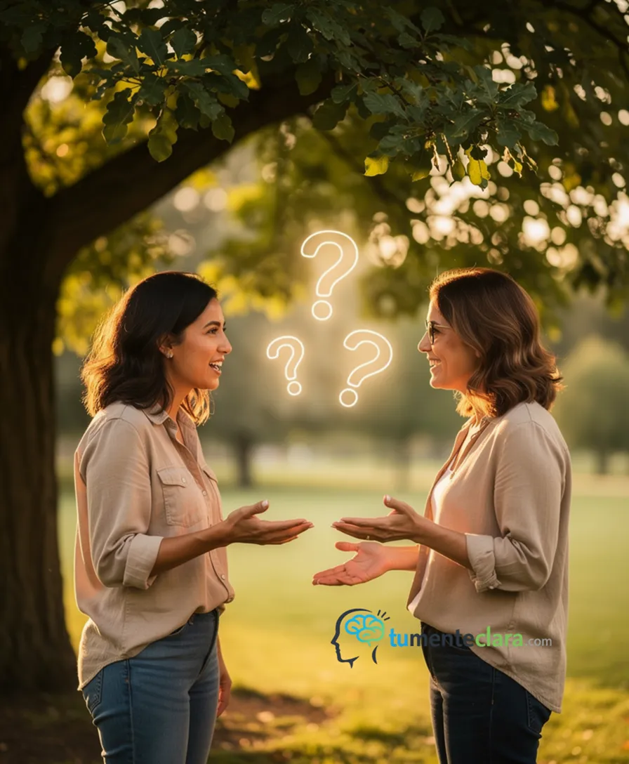 two friends talking under a tree, with glowing question marks floating between them.