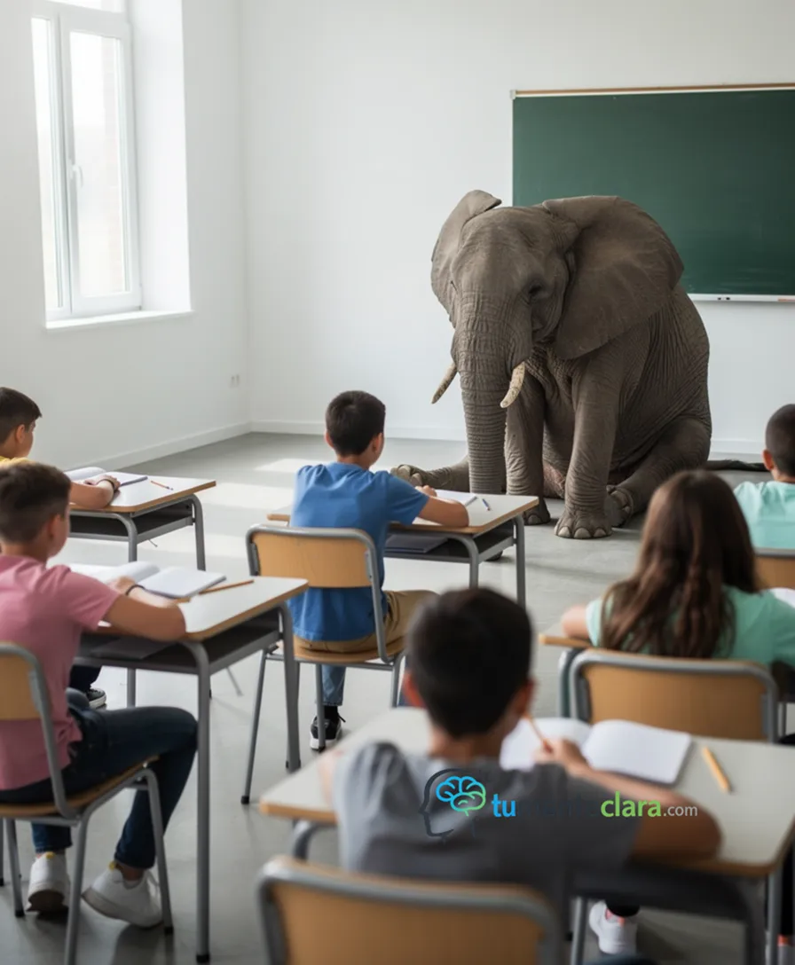 An elephant sitting in a classroom corner, overlooked by students.