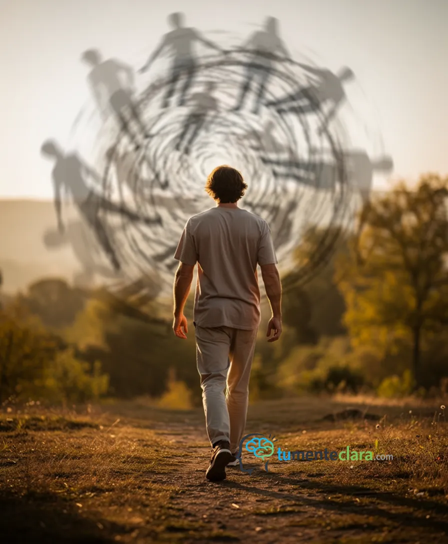 a person calmly walking away from a swirling vortex of interconnected, shadowy figures.