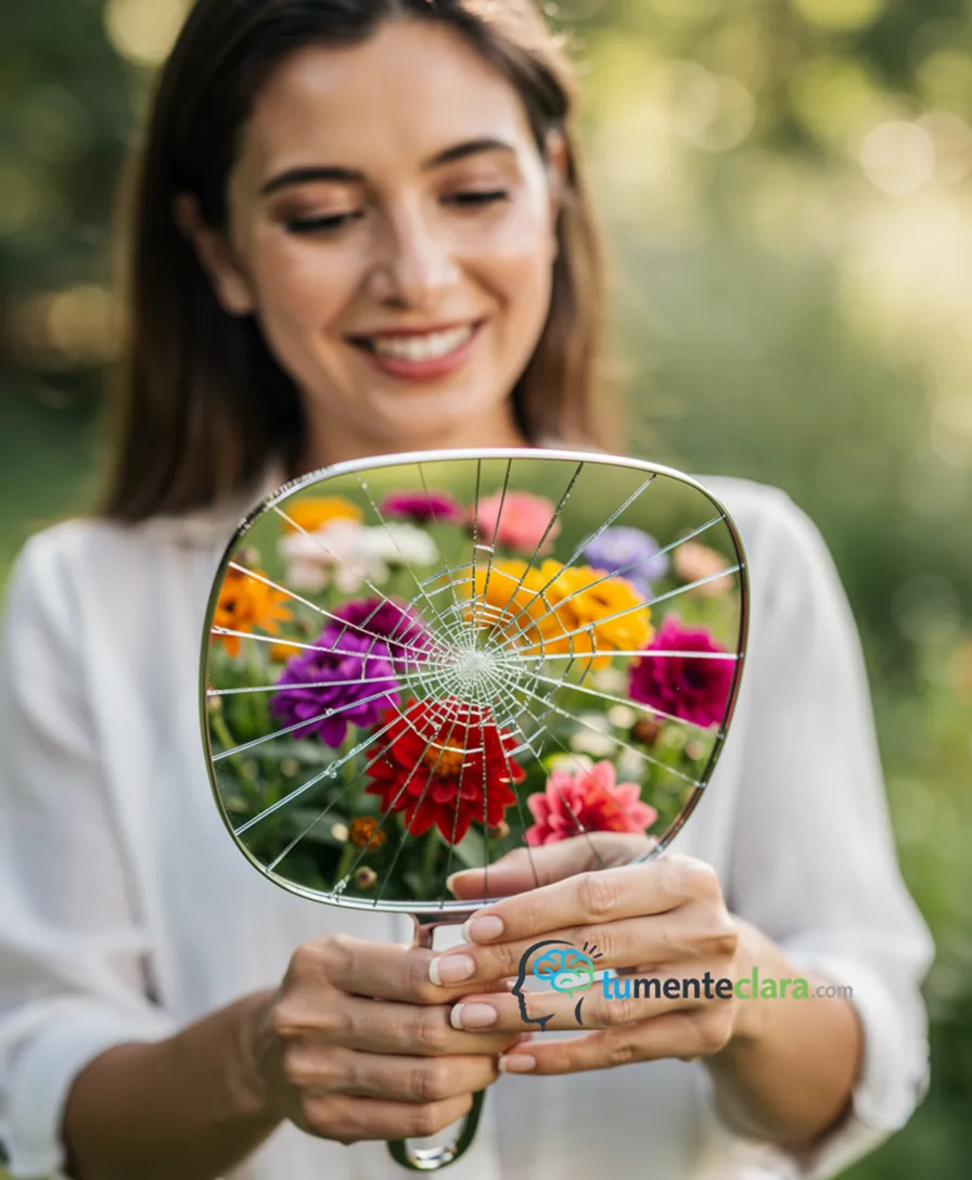 a person gently turning a cracked mirror to reflect blooming flowers.