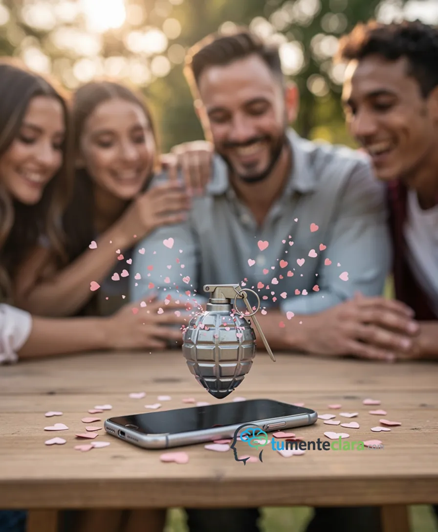 A heart-shaped grenade exploding into heart-shaped confetti over a phone.