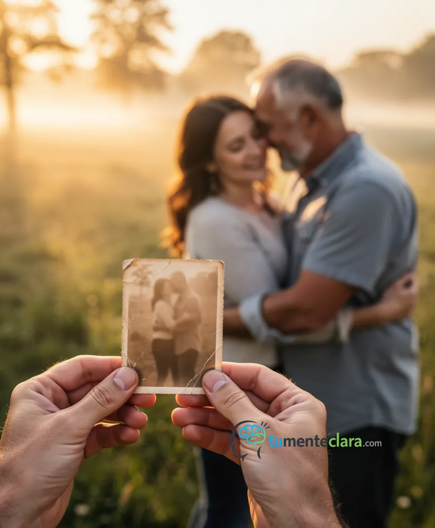 A blurred old photo beside a clear, present-day loving embrace.