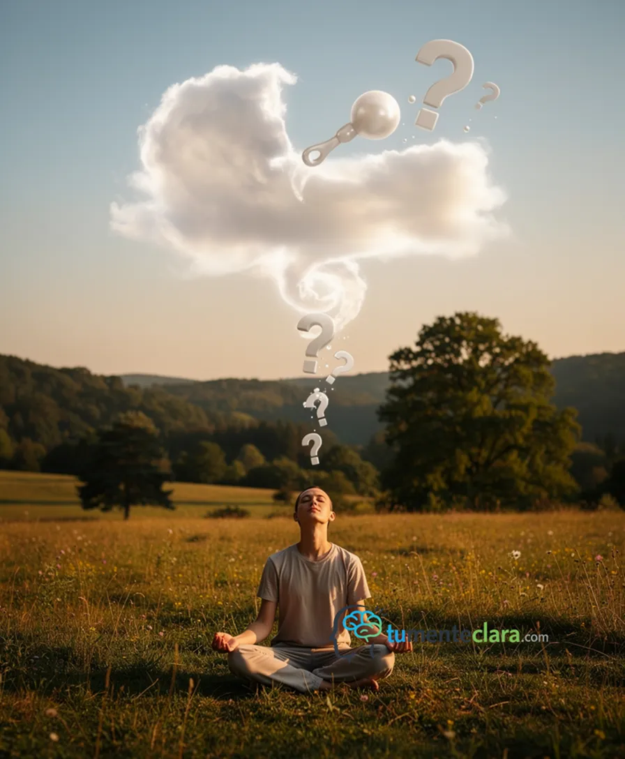 A dreamy cloud shaped like a cradle, with a traditional baby rattle dissolving into question marks.