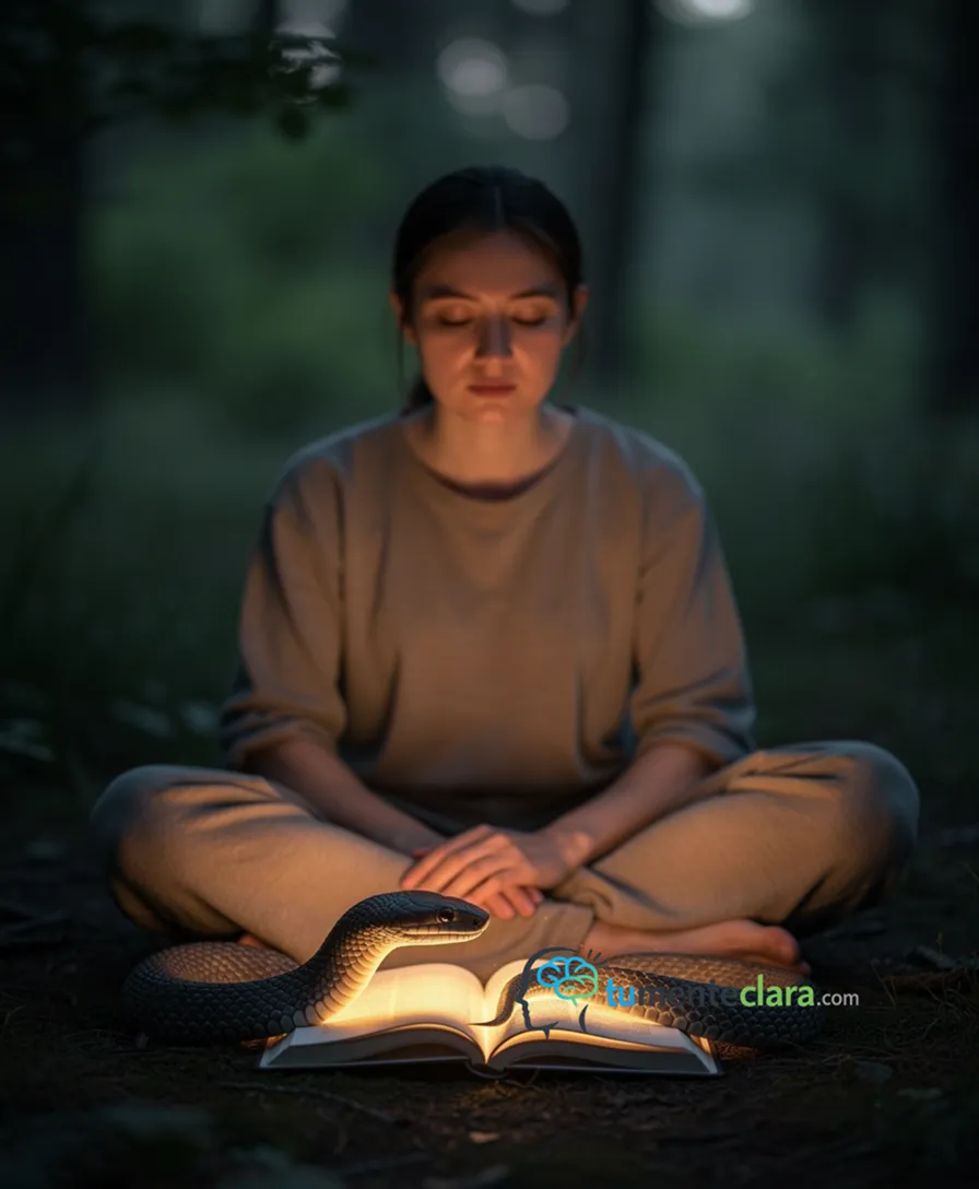 A person sleeping as a serpent coils around a glowing open book.