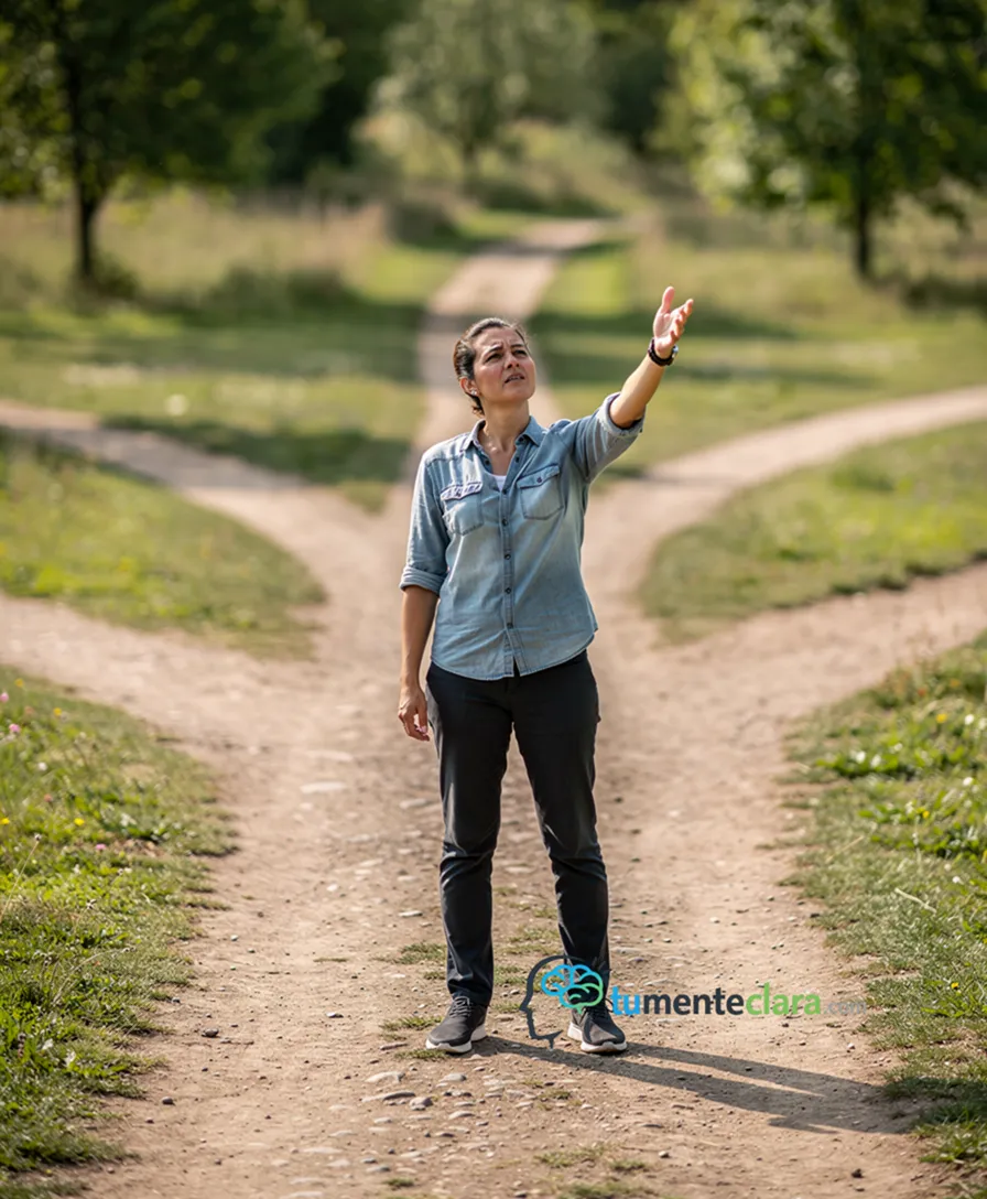 A person at a crossroads, gesturing towards multiple branching paths.