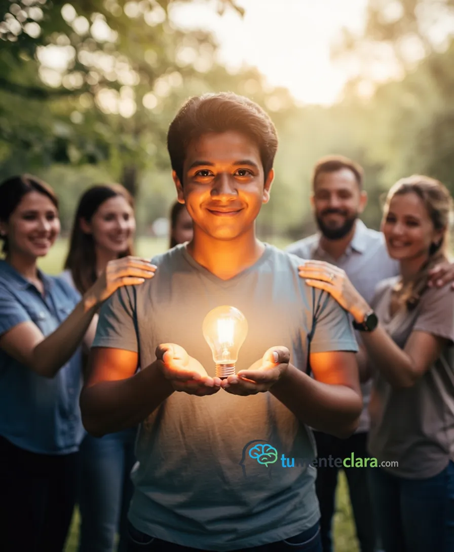 A person holding a glowing lightbulb, stepping from shadowy doubt into sunlit certainty.
