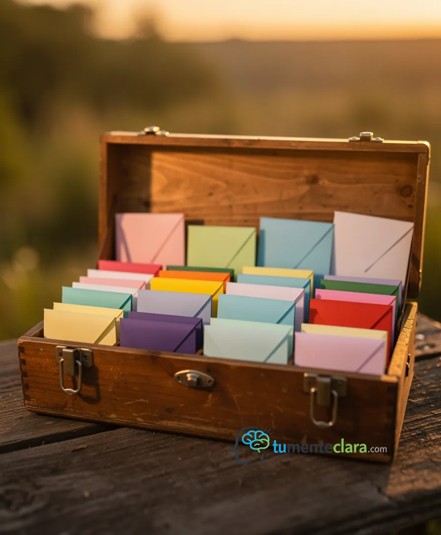 an open wooden toolbox filled with colorful, folded paper notes.