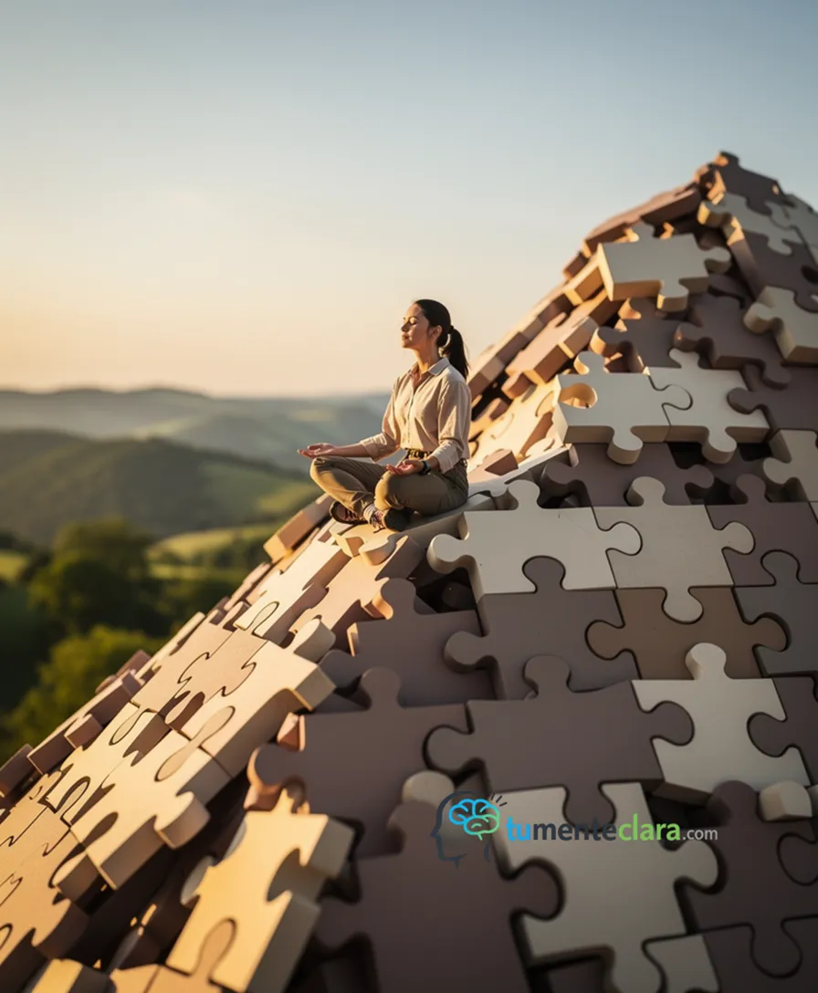 a person climbing a mountain made of interlocking puzzle pieces.