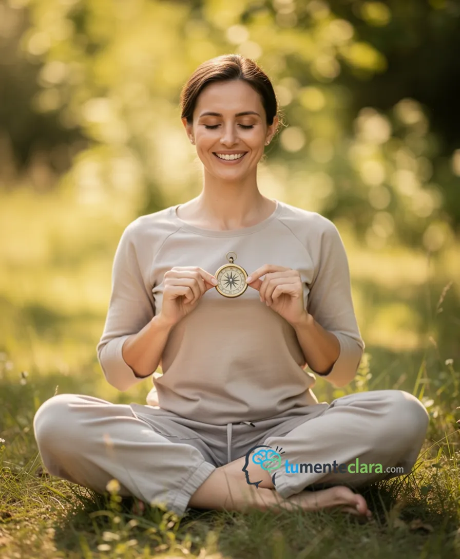 A woman smiling peacefully while holding a compass over her heart.