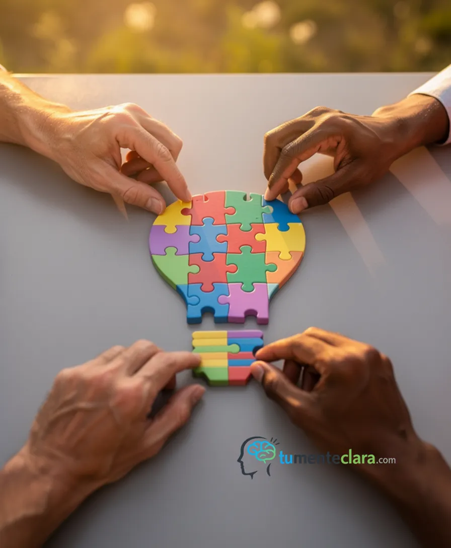 diverse hands arranging colorful puzzle pieces into a lightbulb shape.