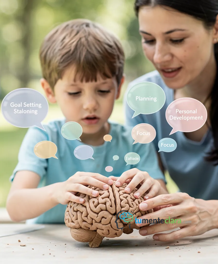 a child and adult building a clay brain together, surrounded by floating speech bubbles.