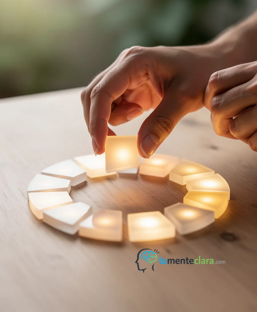 A person's hands completing a fragmented circle with glowing pieces.