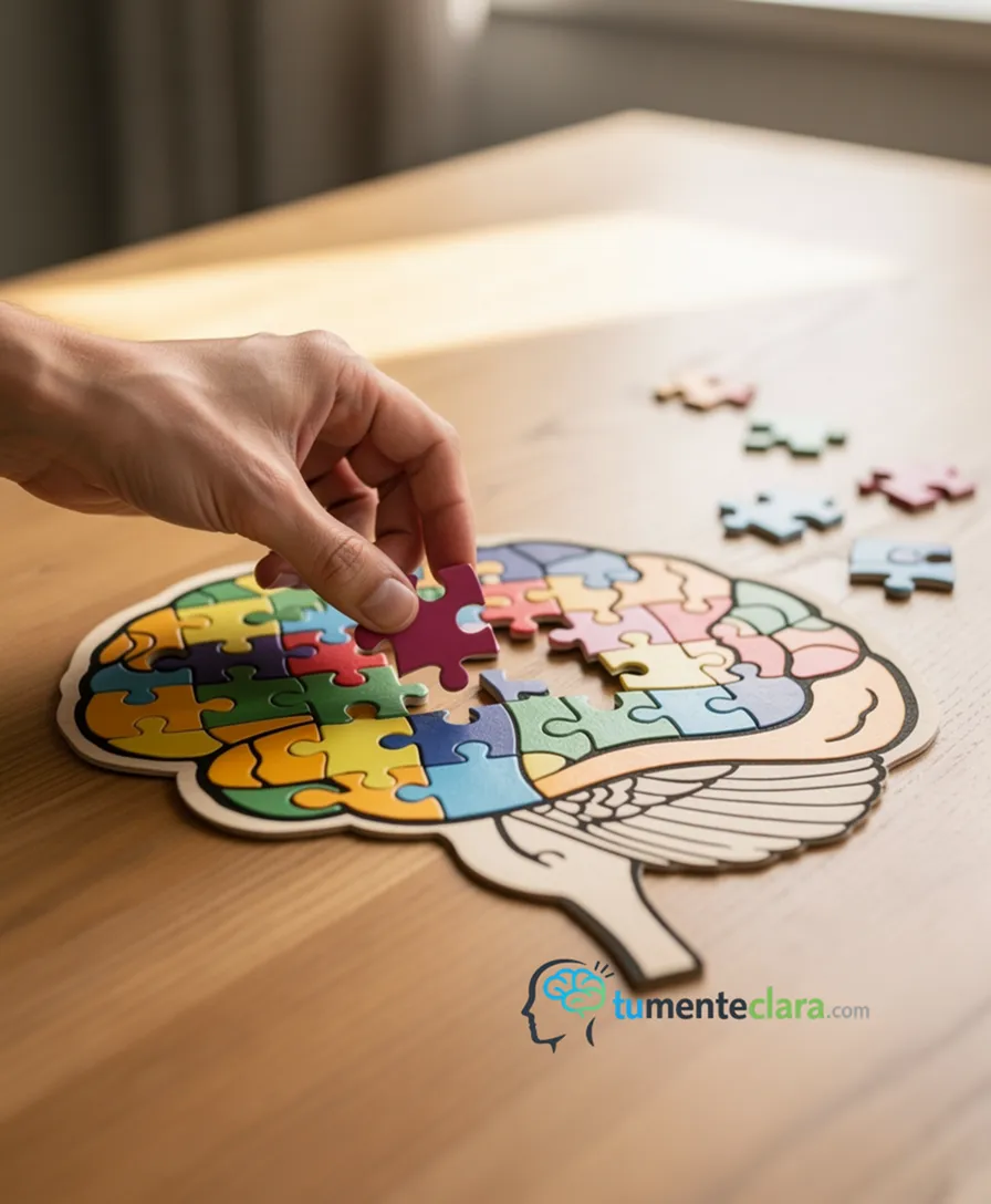 A hand placing puzzle pieces onto a brain-shaped outline.