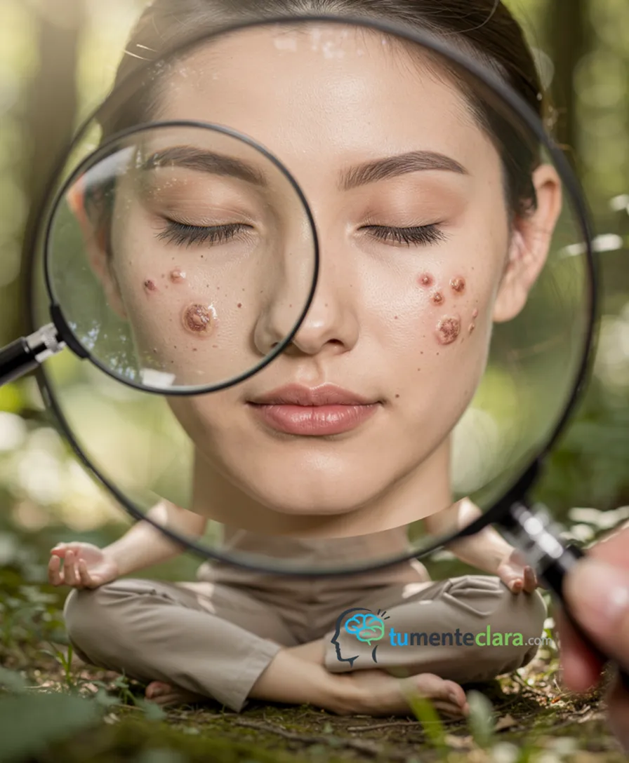 A magnifying glass over a human face with stylized, labeled skin blemishes.