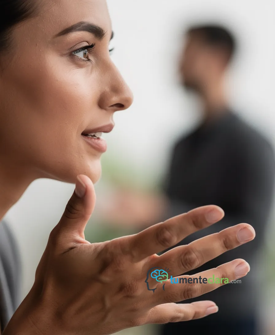 a mouth dissolving into a hand gesturing, over a blurred human silhouette.