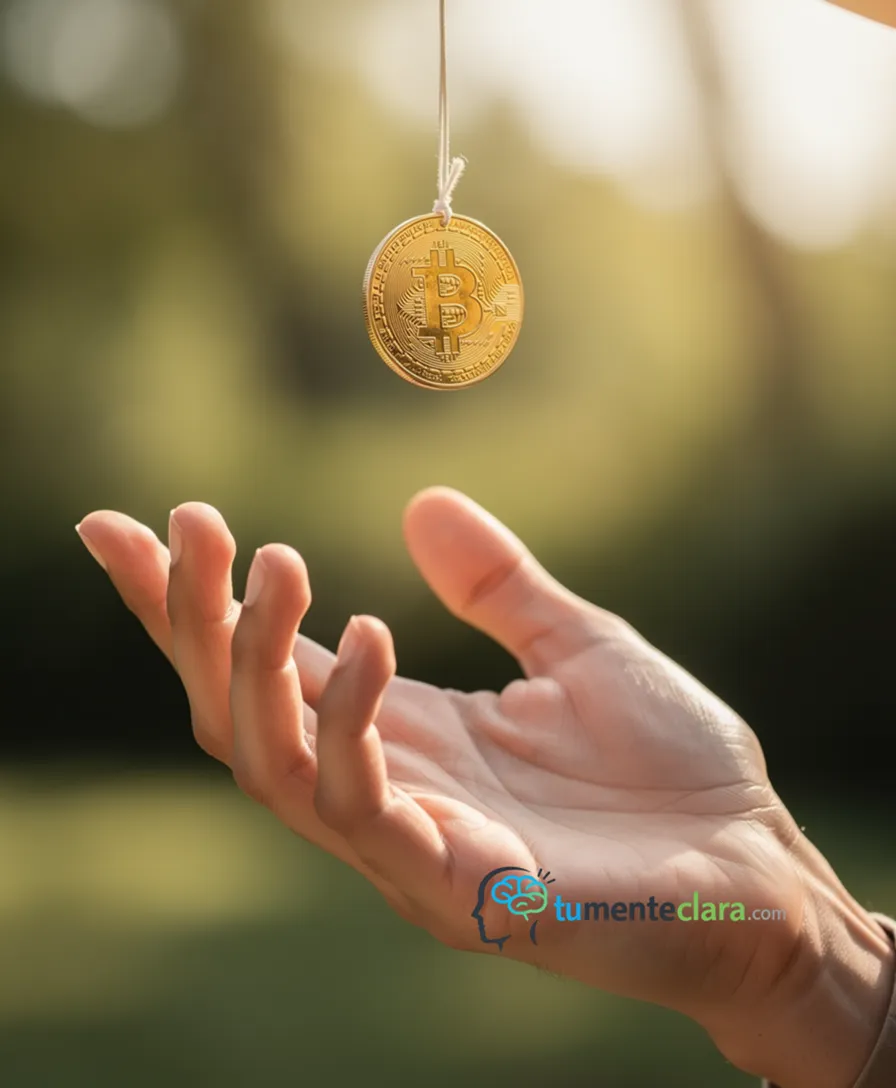 A hand reaching for a gold coin dangling from a string against a blurred background.