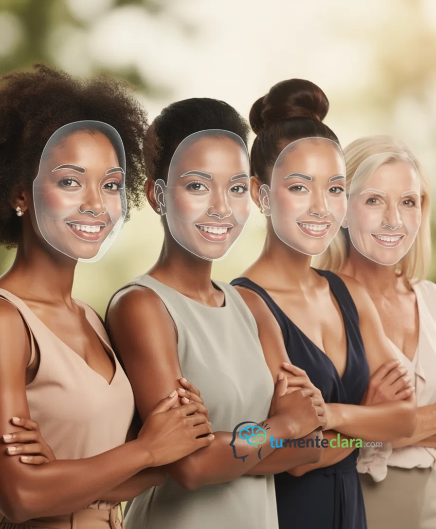 five translucent face shape templates overlaid on diverse women's portraits.