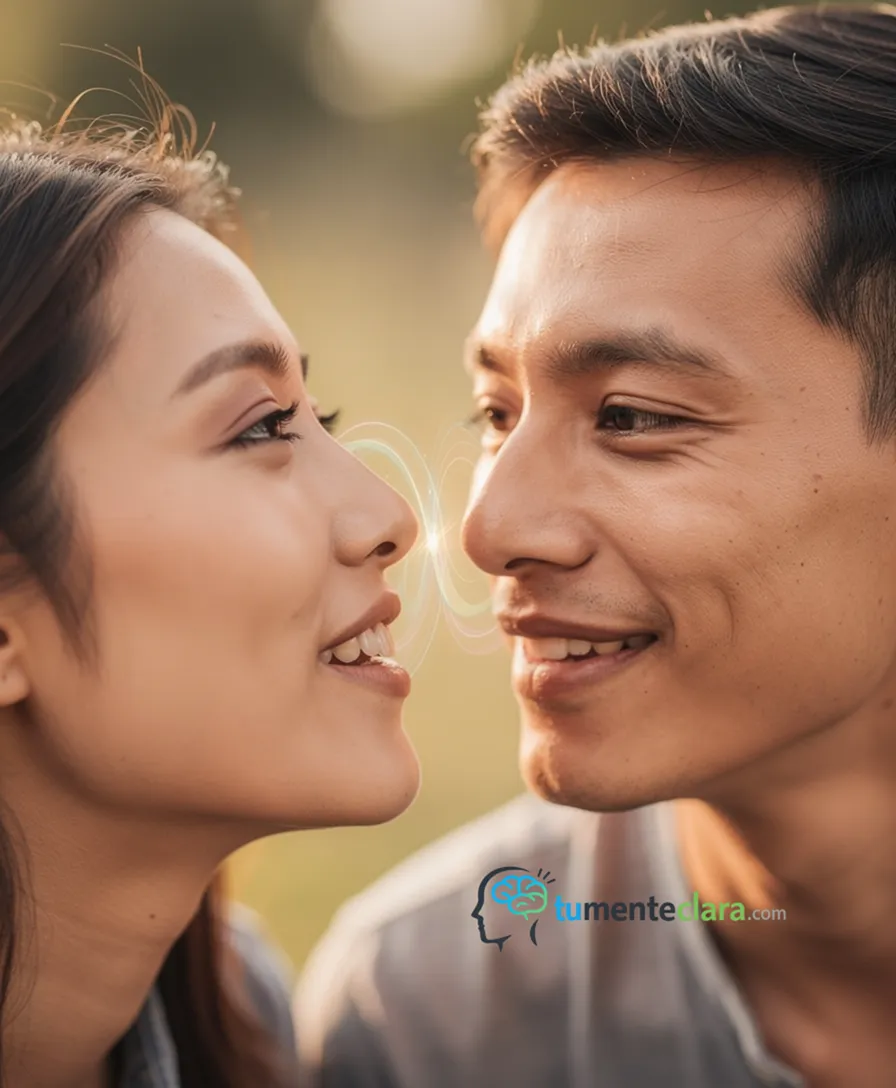 a person leaning in, ear close to another's mouth, sound waves flowing between them.
