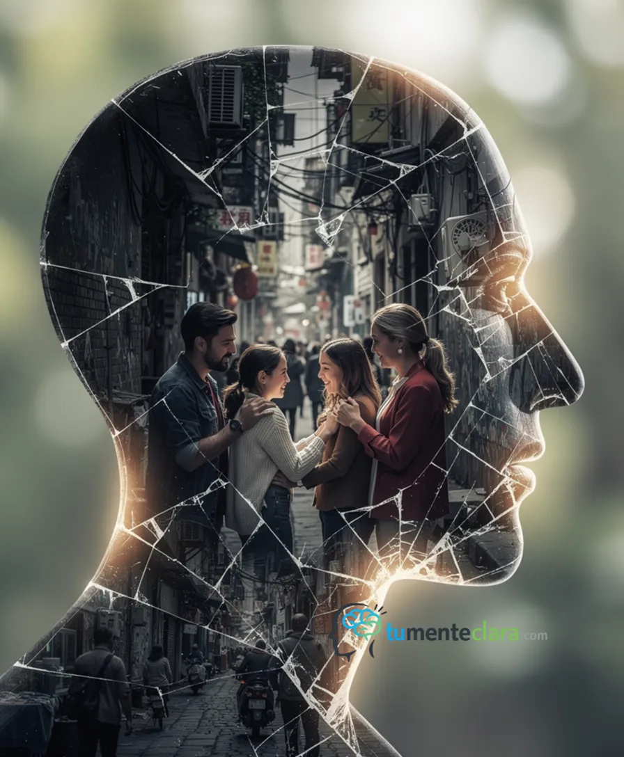a cracked human head silhouette filled with chaotic, shadowy urban scenes.
